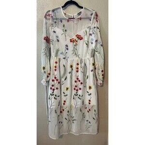 Chelsea28 White Embroidered Floral Sheer Midi Dress Womens Medium Fairycore